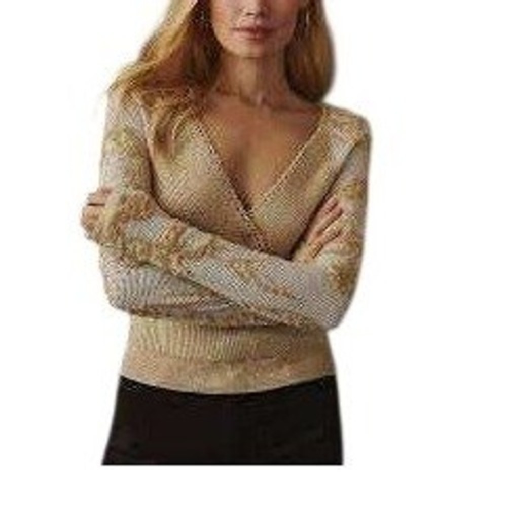 Anthropologie Marled Tan  Wrap Women Sweater Floral Lace Sleeves Sand Small NWT
